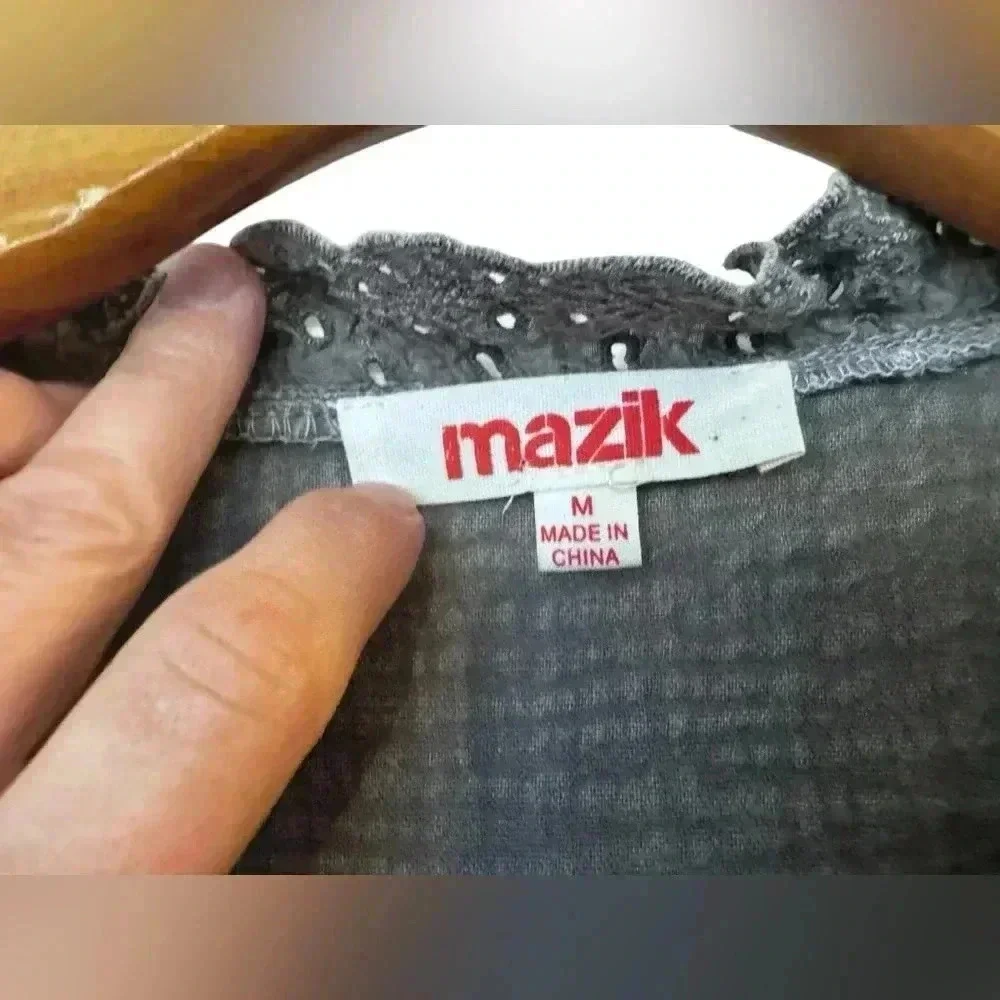 MAZIK Charcoal Gray Eyelet Ruffle Button Down Long Sleeve Tunic Shirt